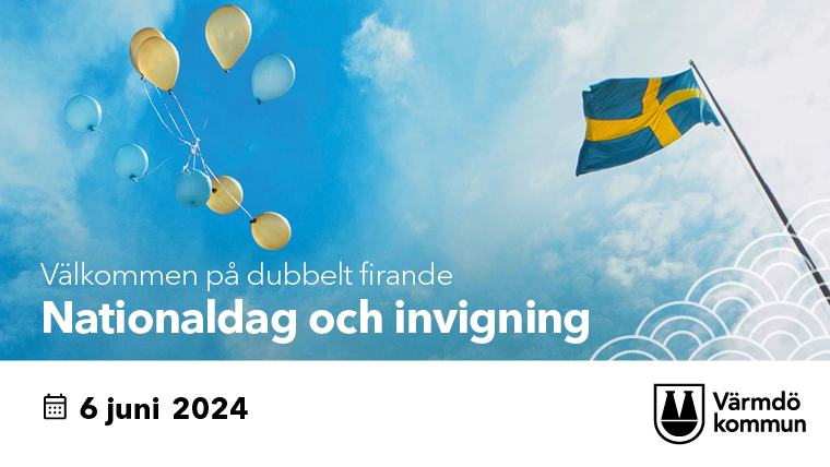 Ballonger och en svensk flagga mot en blå sommarhimmel. 