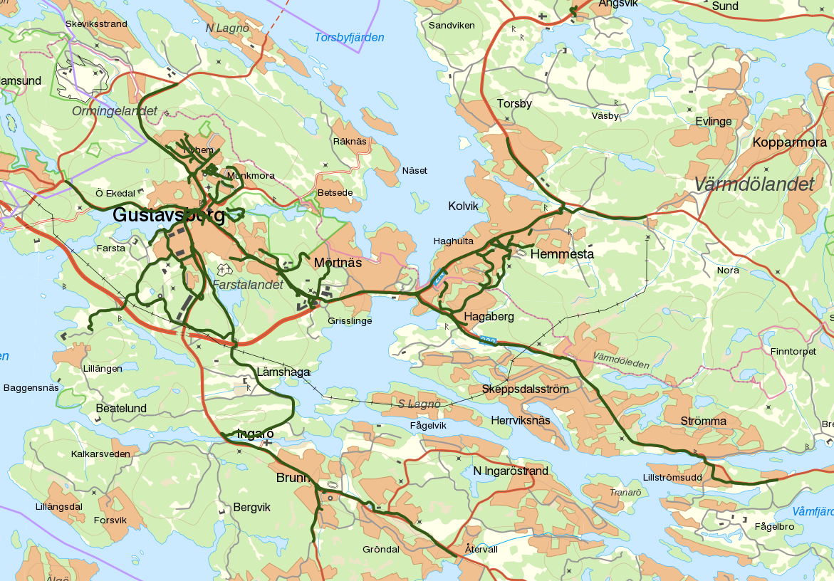 En kartbild över cykelvägar som är koncentrerade i tätorterna Gustavsberg och Hemmesta.