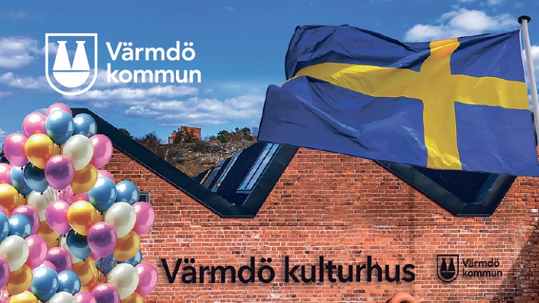 Visionsbild över
kulturhusets tegelfasad med ballonger och en svensk flagga framför. 