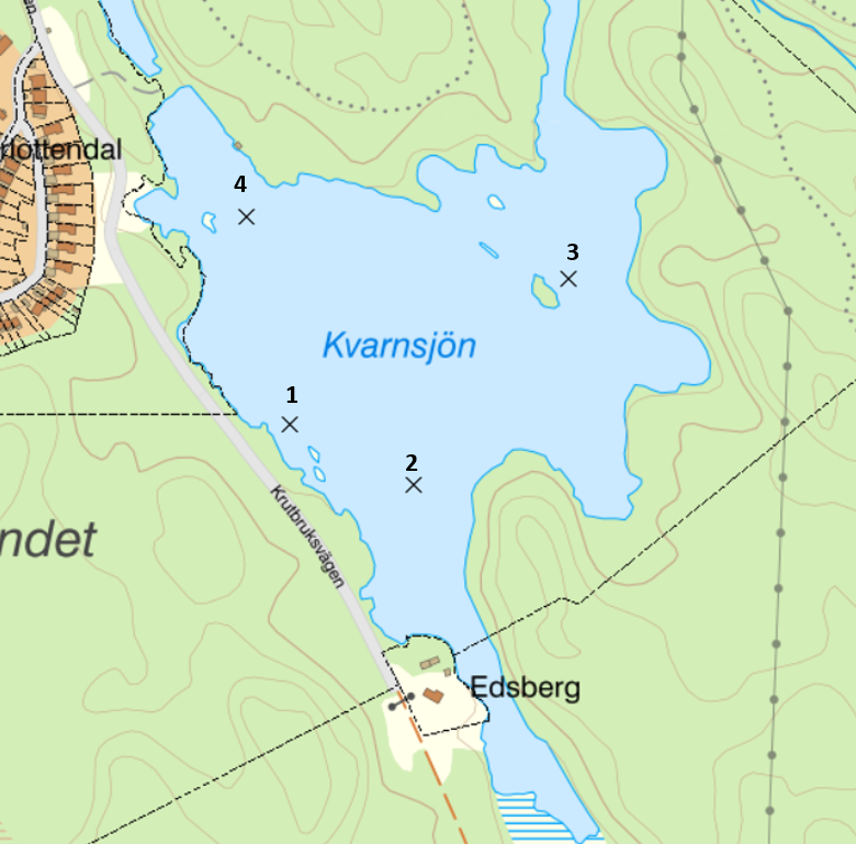 Kartbild över kvarnsjön med fyra punkter där mätning sker