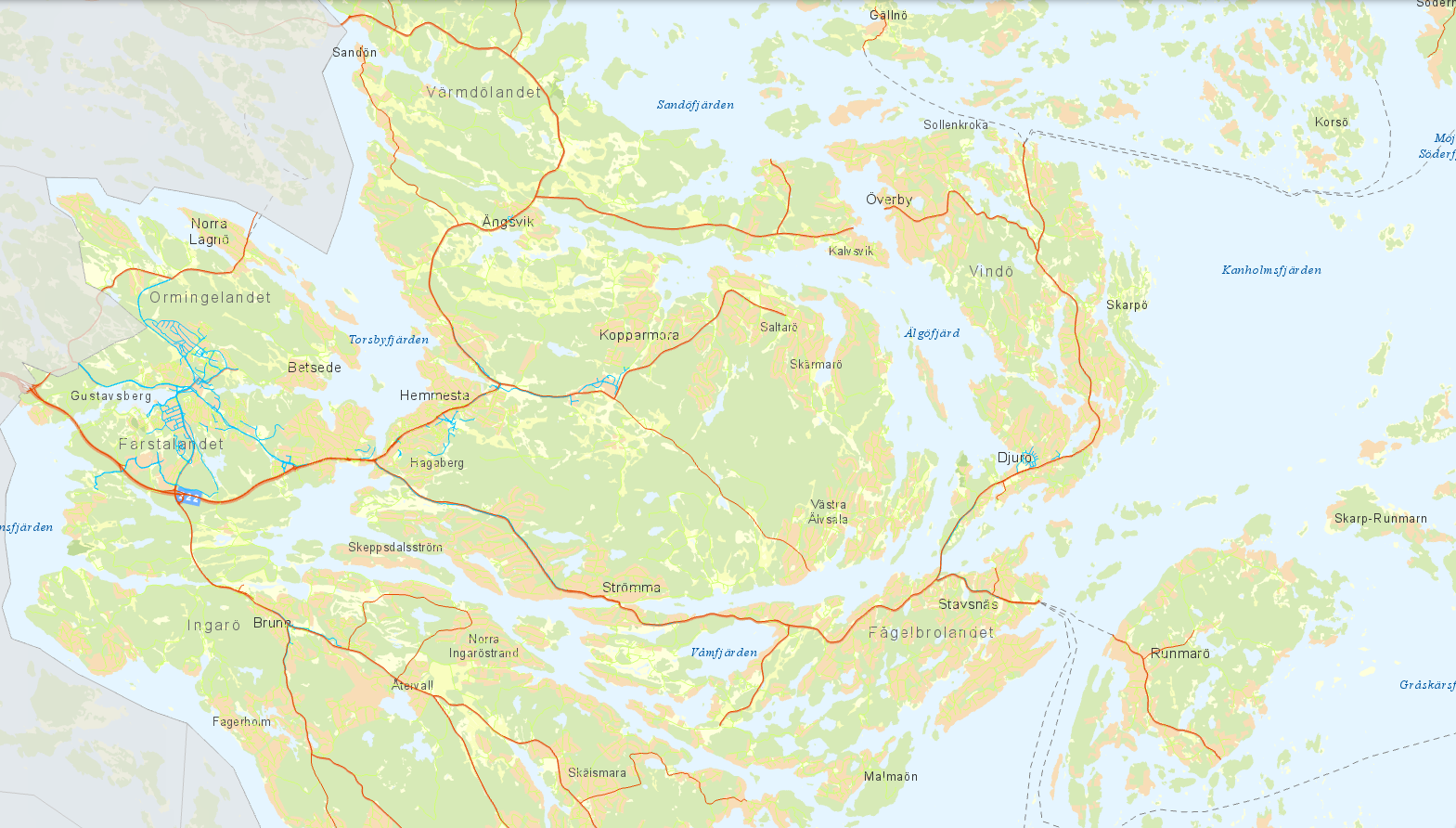 Kartan visar vägar i Värmdö och huvudmannaskapet. Cykelvägarna är kommunens, medan bilvägarna delas mellan stat, kommun och enskilda föreningar. Länken går till en interaktiv karta.